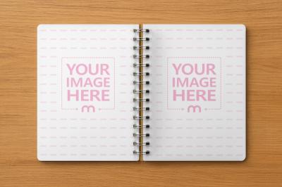 Open Notebook Mockup on Wooden Textured Background