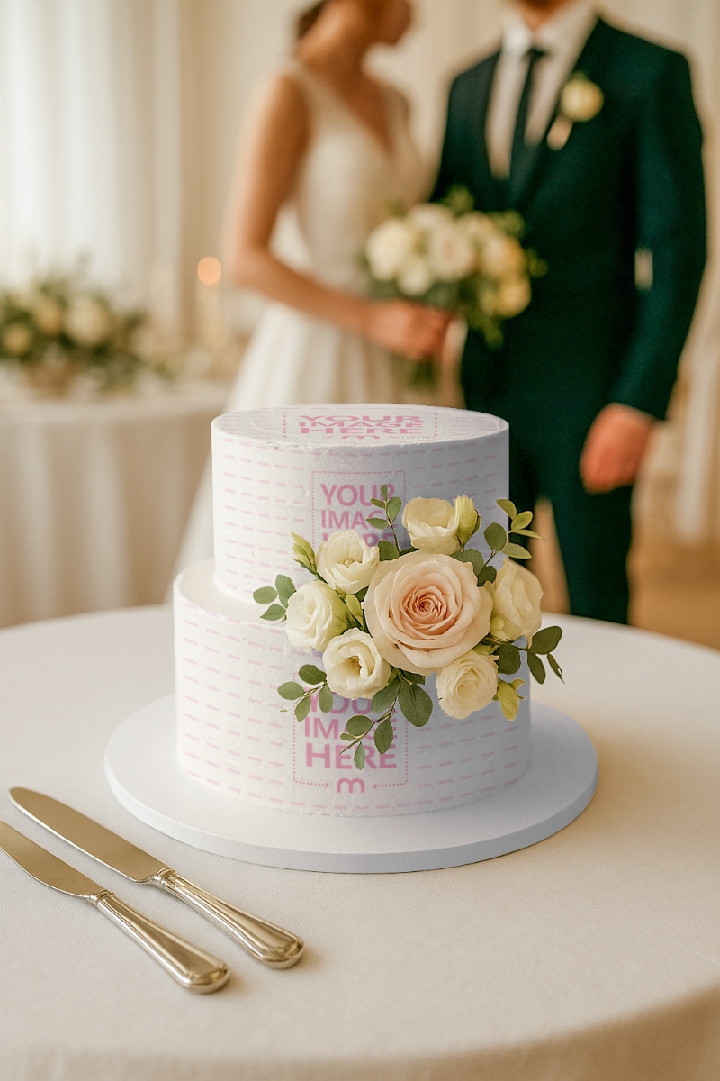 Decorated Cake Mockup on Desk with Forks and Couple in Background preview image