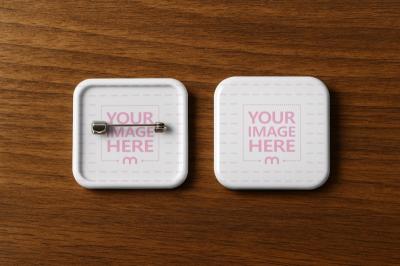 Pin Button Mockup Front and Back on Wooden Textured Background