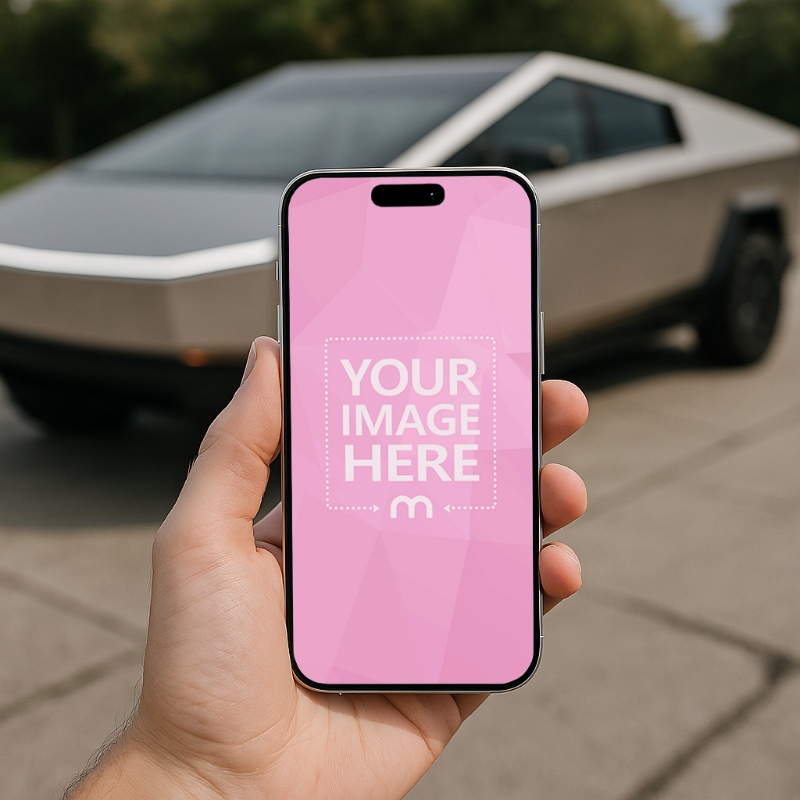 Hand Holding iPhone with Cybertruck Background PSD preview image