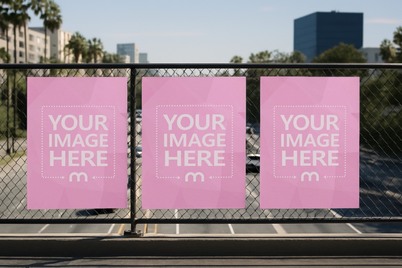 Three Side by Side Poster Mockup on Highway Bridge Fence preview image