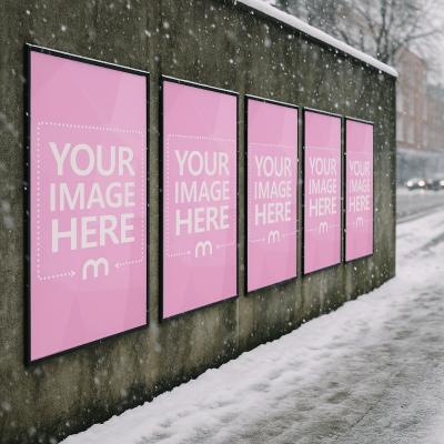 Five Side by Side Poster Mockup on Snowy Wall for Seasonal Ads