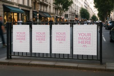 Four Side by Side Poster Mockup on Busy Road Wall for Advertising