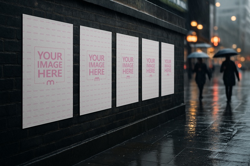 Five Side by Side Poster Mockup on City Street Wall preview image