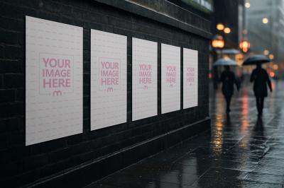 Five Side by Side Poster Mockup on City Street Wall