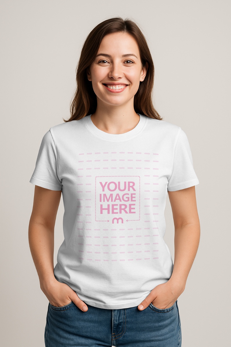 T-Shirt Mockup on Female Model with Jeans for Casual Streetwear preview image