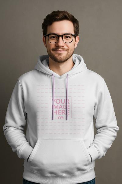 Hoodie Mockup on Male Model with Glasses for Trendy Fashion