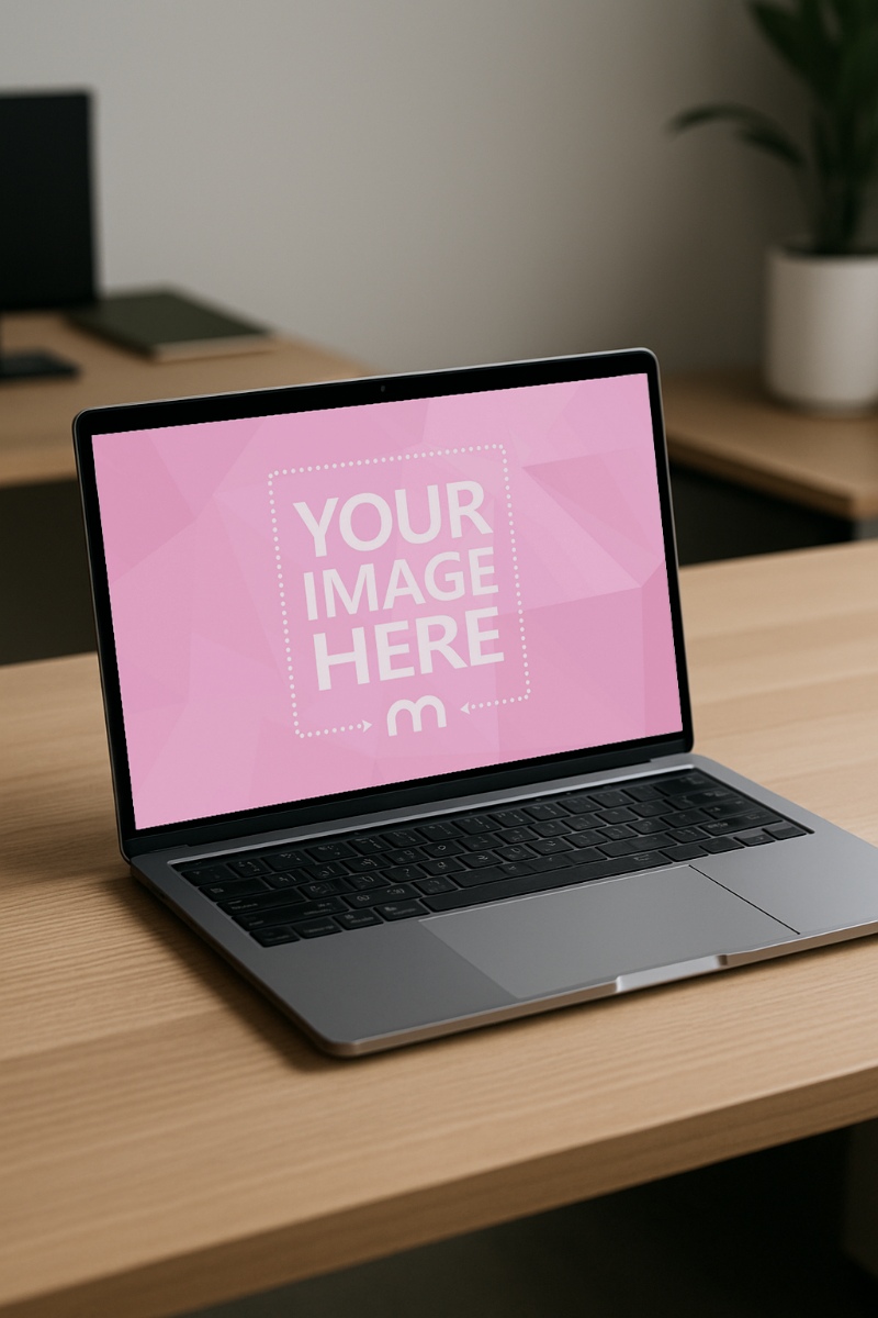 Laptop Mockup on Wooden Table Angled View preview image