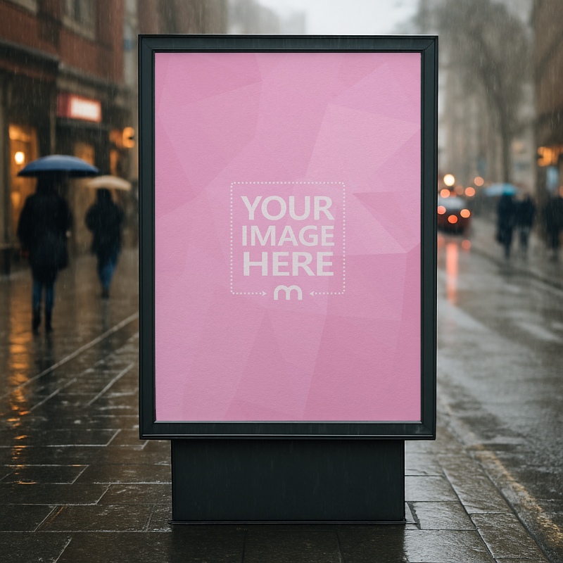 Signboard Mockup on Street in Rainy Day for Seasonal Ads preview image