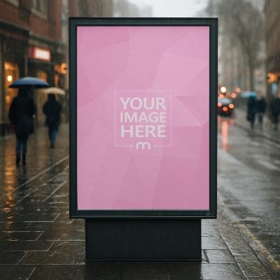 Signboard Mockup on Street in Rainy Day for Seasonal Ads