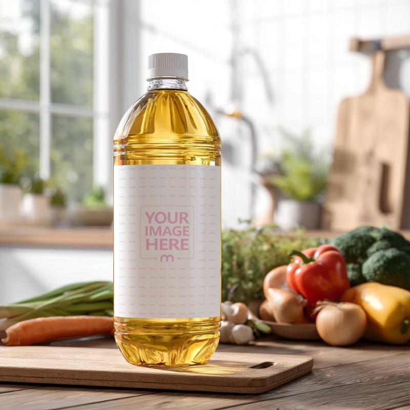 1L Plastic Oil Bottle Mockup Placed on Kitchen Counter preview image
