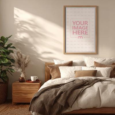 12x18 Wooden Frame Canvas Mockup Above Bed for Wall Art