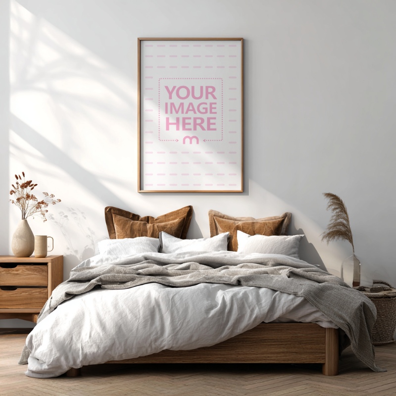 12x18 Wooden Frame Canvas Mockup Above Bed with Warm Lighting preview image