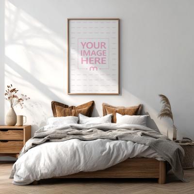 12x18 Wooden Frame Canvas Mockup Above Bed with Warm Lighting