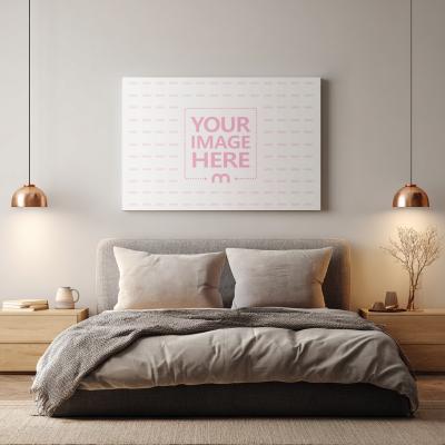 18x12 Landscape Poster Mockup Above Bed in Cozy Bedroom