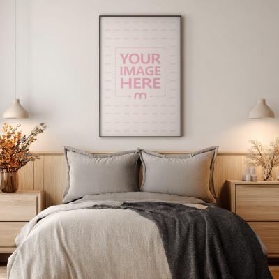 12x18 Wooden Frame Canvas Mockup Above Bed with Nightstands