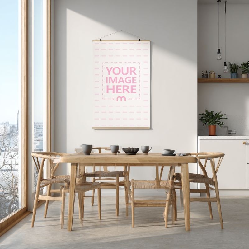12x18 Poster Mockup on Kitchen Wall with Dining Setup preview image