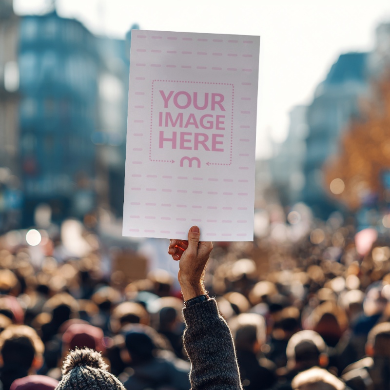 Poster Mockup in Hand at Public Gathering for Protest Campaigns preview image