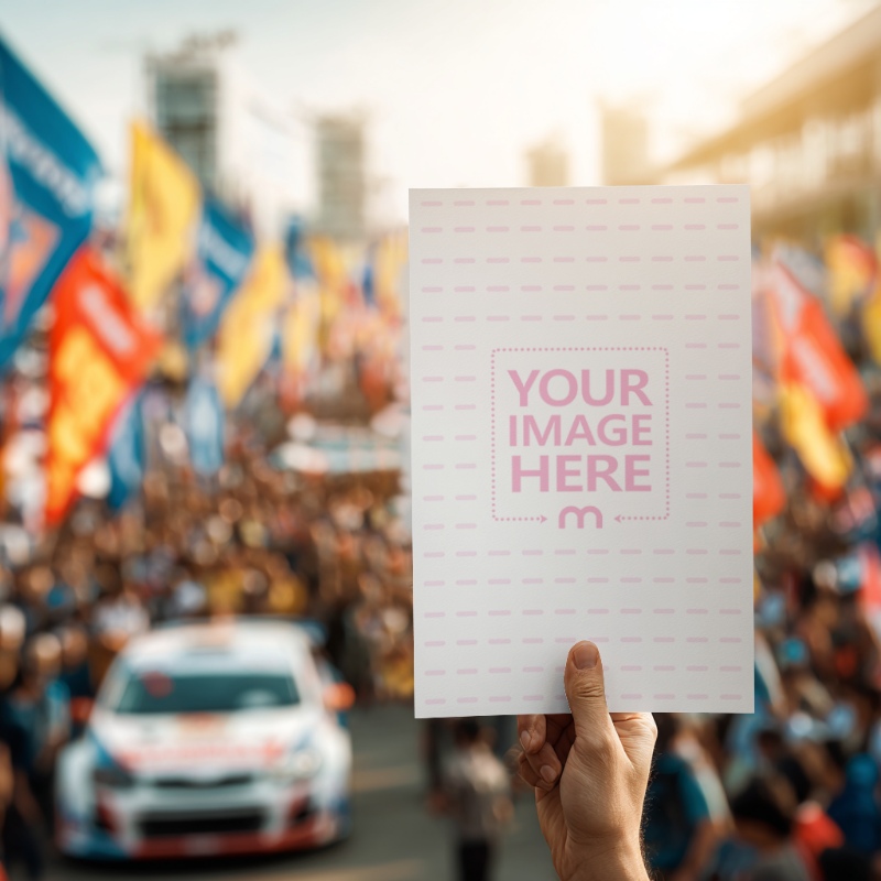 Poster Mockup Held at Rally with People in Background preview image