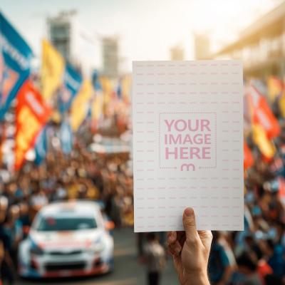 Poster Mockup Held at Rally with People in Background