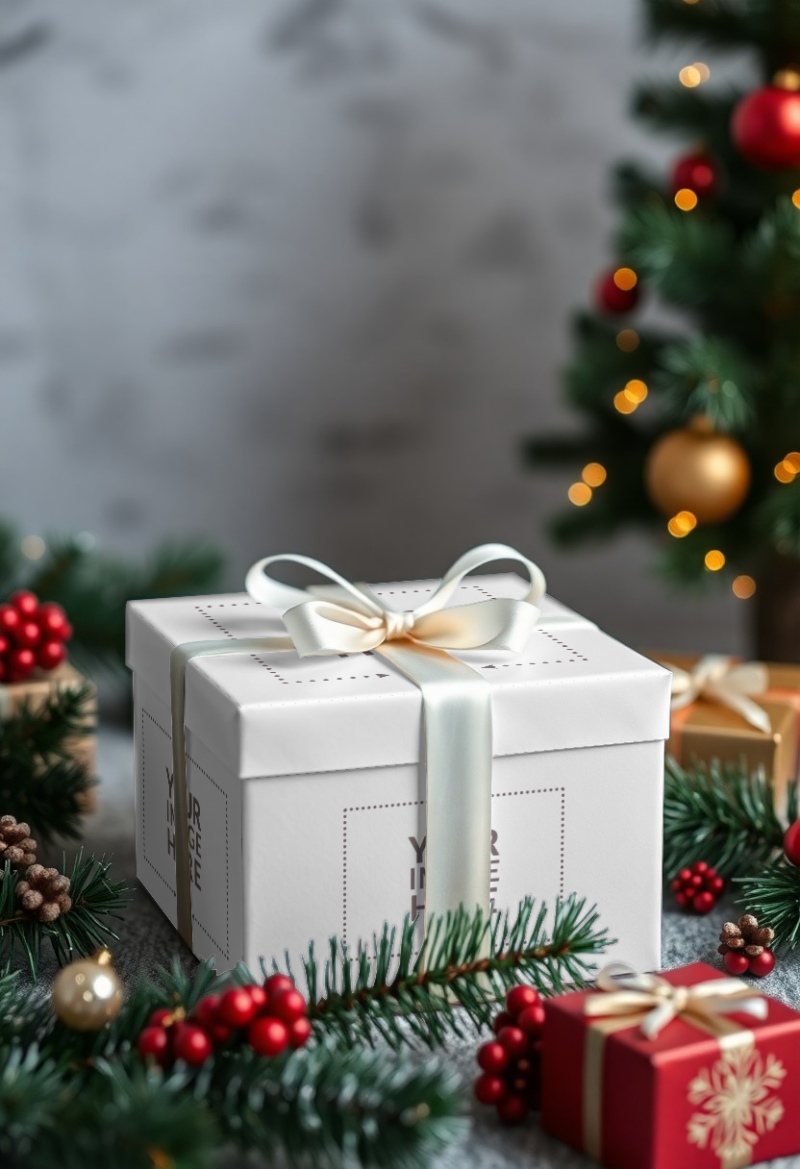 Christmas Gift Box Mockup with Seasonal Ribbon preview image