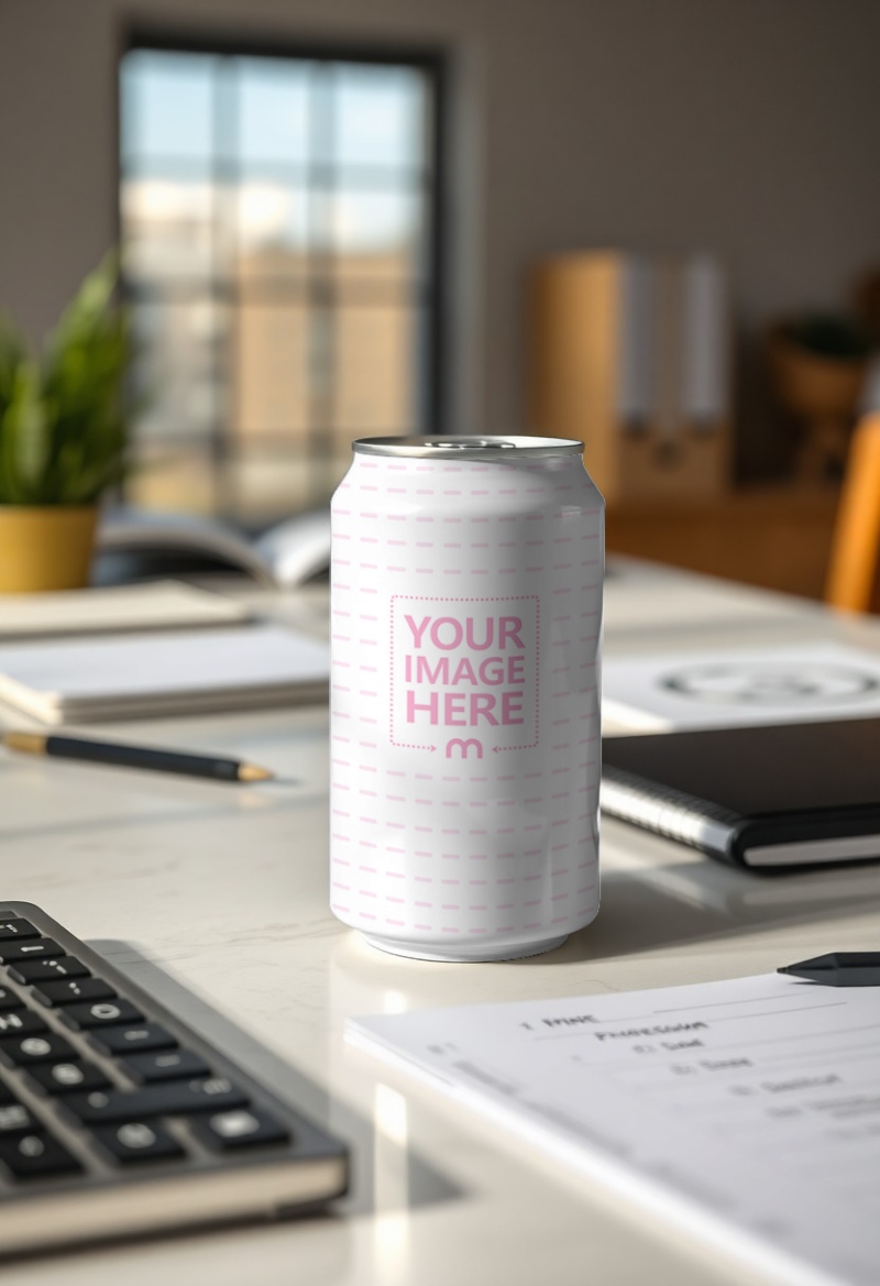 Energy Drink Can Mockup on Study Table Setting preview image