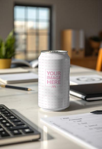 Energy Drink Can Mockup on Study Table Setting
