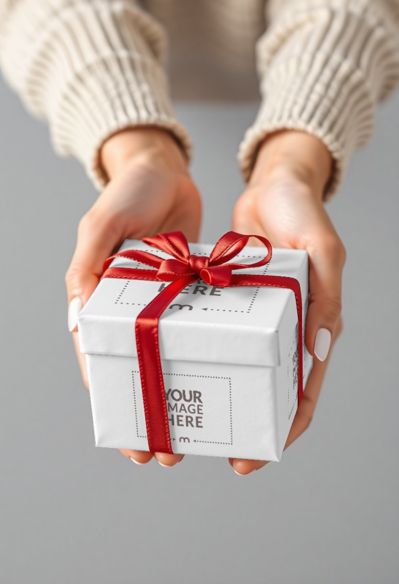 Gift Box Mockup with Red Ribbon Held in Hand preview image