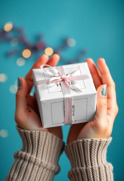 Gift Packaging Mockup with Ribbon Held in Hand
