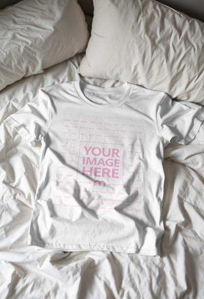 T-Shirt Mockup on Bed Top View for Casual Styling