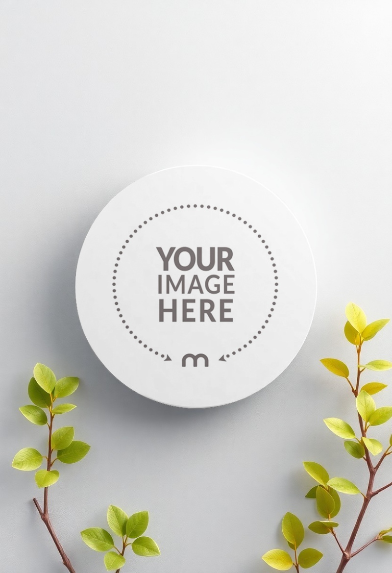 Circular Box Mockup Top View with Leaf Background preview image