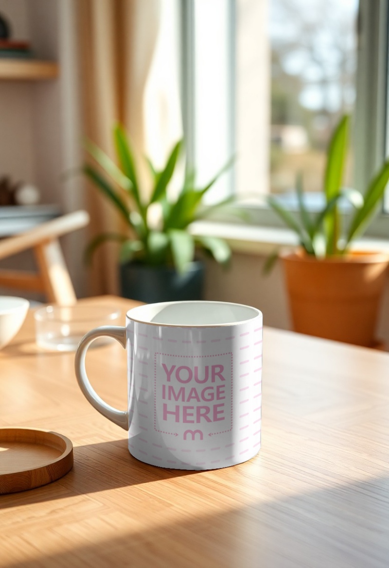 Coffee Mug Mockup on Wooden Tabletop for Artisan Branding preview image