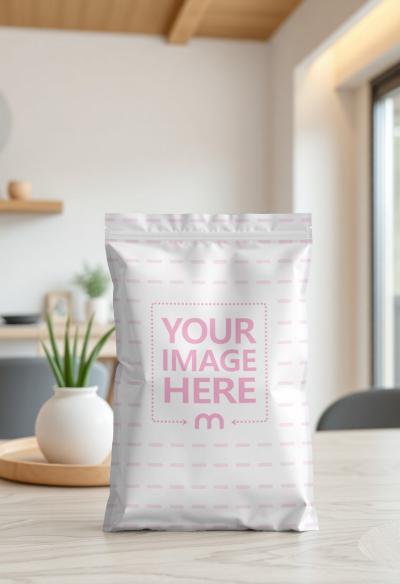 Food Packaging Mockup on Home Tabletop for Food Products