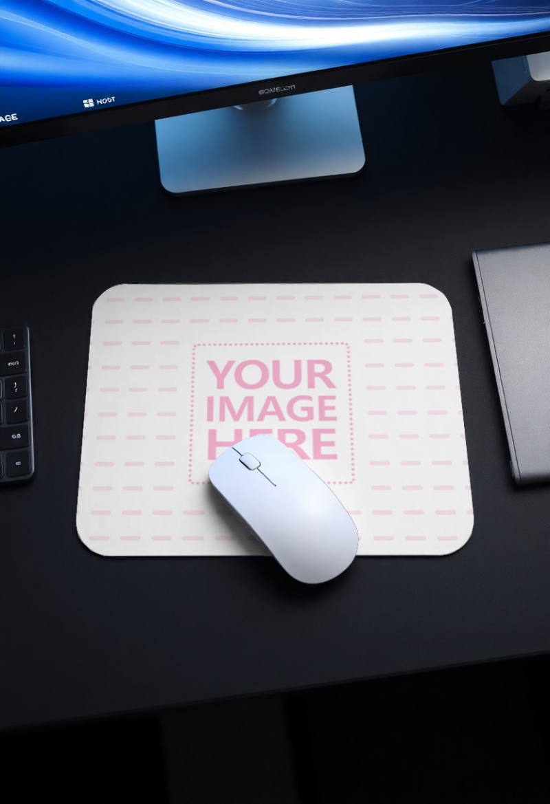 Mouse Pad Mockup with Monitor on Desk for Workspace Designs preview image