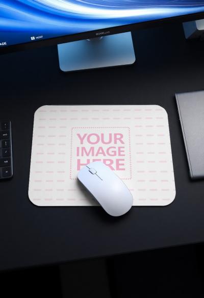 Mouse Pad Mockup with Monitor on Desk for Workspace Designs