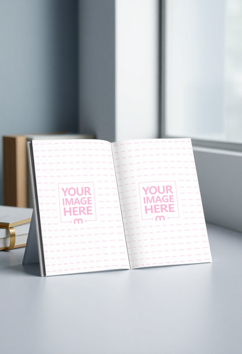 Open Book Mockup on Table for Editorial Print Preview preview image