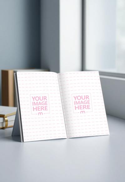 Open Book Mockup on Table for Editorial Print Preview