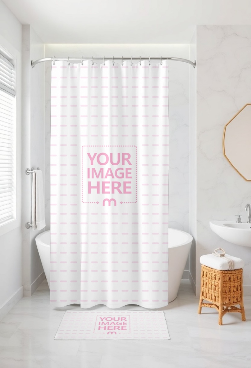 Shower Curtain and Floor Mat Mockup in Realistic Bathroom Environment preview image