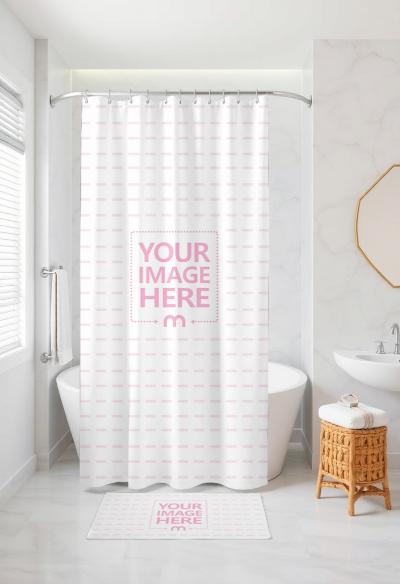 Shower Curtain and Floor Mat Mockup in Realistic Bathroom Environment