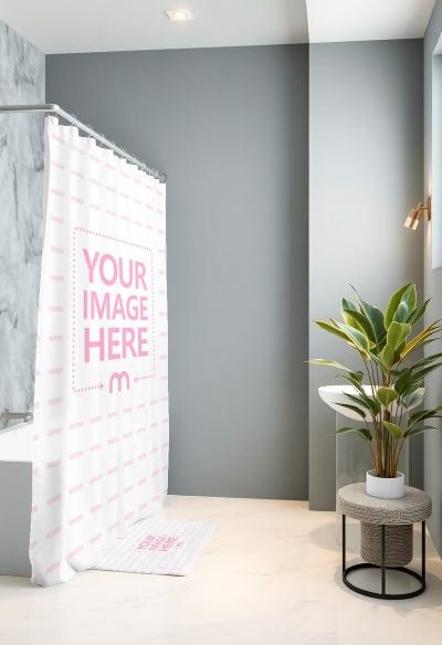 Shower Curtain and Mat Mockup in Minimal Washroom Interior
