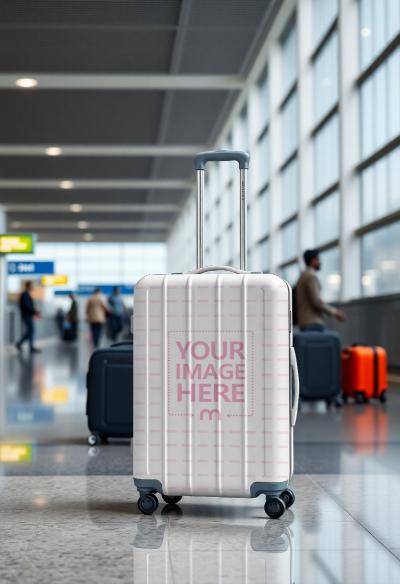 Suitcase Mockup Inside Airport Terminal for Luggage and Travel Branding