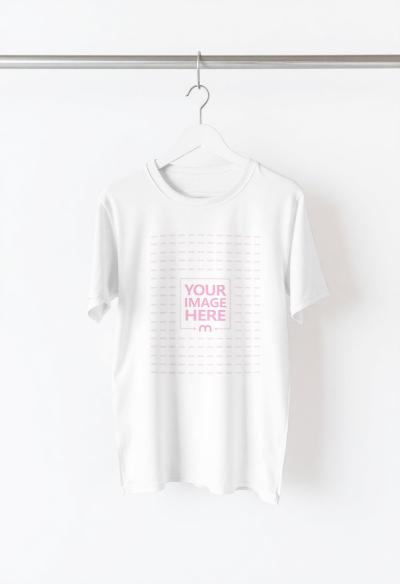 T-Shirt Mockup Hanging from Wooden Hanger for Apparel or Store Display