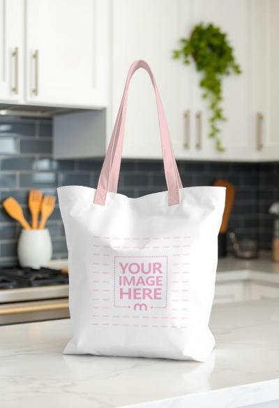 Tote Bag Mockup on Kitchen Countertop for Lifestyle Branding