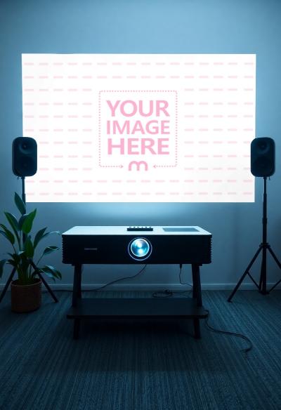 Projector Screen Mockup with Speaker Setup for Office Demos