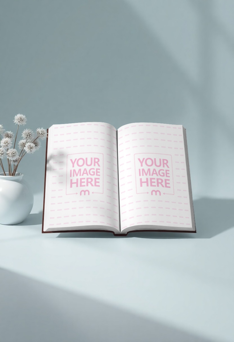 Open Book Mockup with Vase on Cyan Background for Design Use preview image