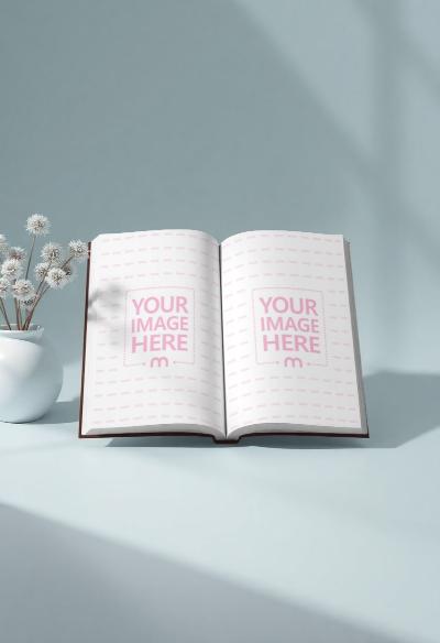 Open Book Mockup with Vase on Cyan Background for Design Use