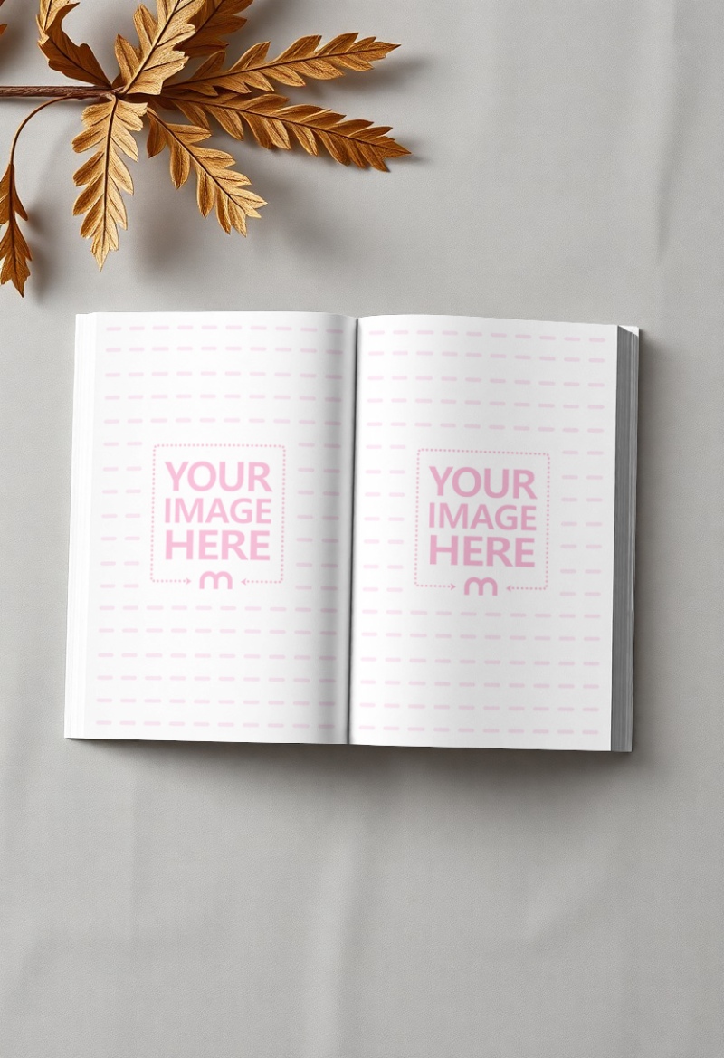 Open Book Page Mockup on Gray Background with Leaf Accent  preview image