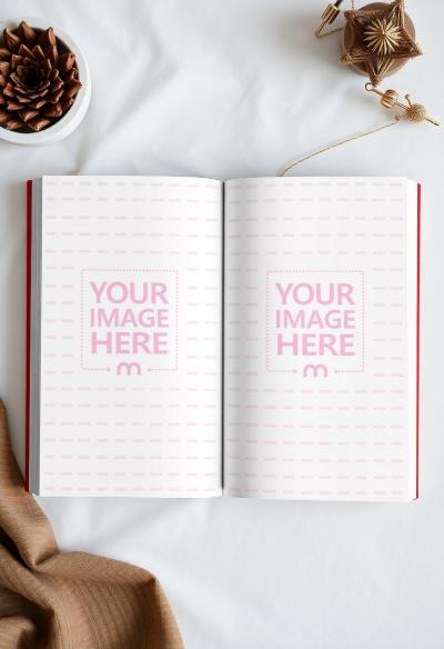 Open Book Page Mockup on Table Scene for Journaling Display