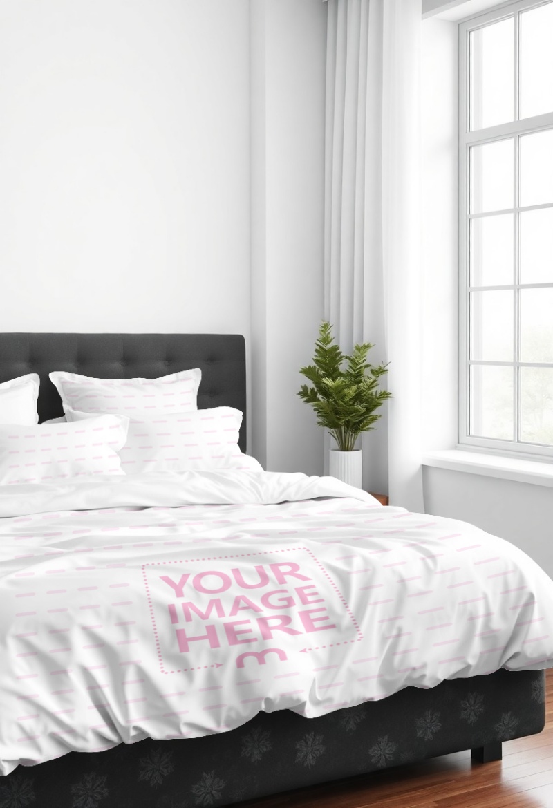 Pillow and Bed Cover Mockup in Cozy Bedroom Scene preview image