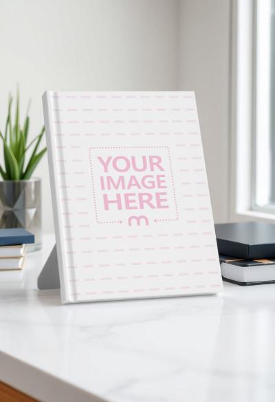 Book Mockup Leaning on Minimalistic Home Office Background